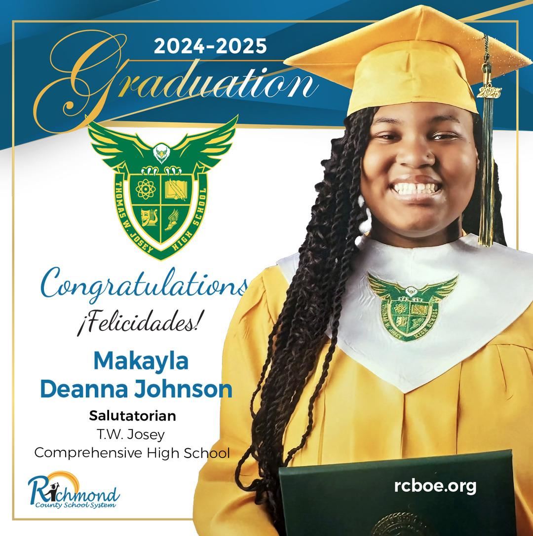 woman smiling in graduation cap and gown with text. 